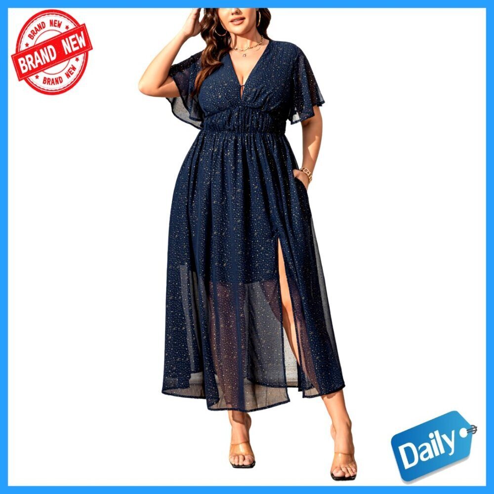 Maxi Dress Flutter Sleeve V Neck Elastic Waist Split Long Elegant Formal